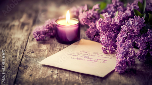 Handwritten love letter by candlelight with lilac flowers. concept of romance, nostalgia, intimacy, sentimentality photo