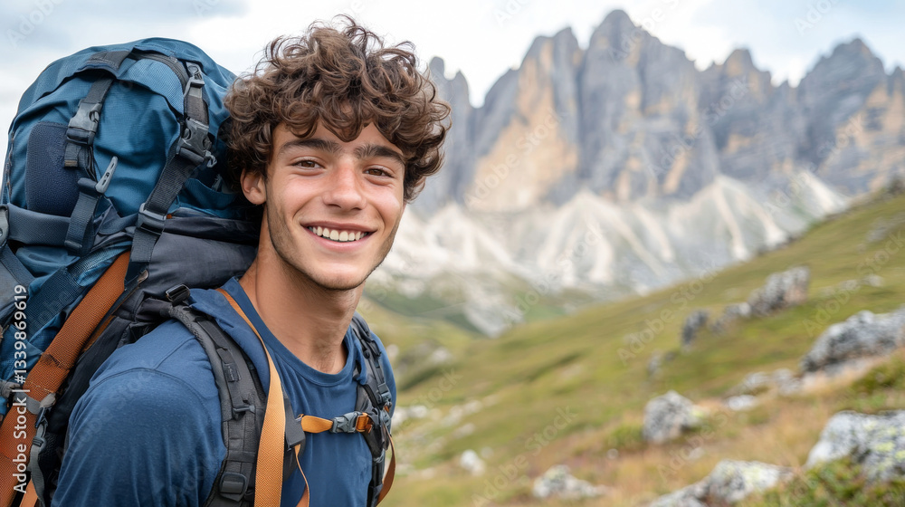 Naklejka premium Young man smiling while hiking in scenic mountain landscape with backpack. concept of adventure travel, outdoor exploration, nature enjoyment, youthful journey, tourism, traveler. Copy space