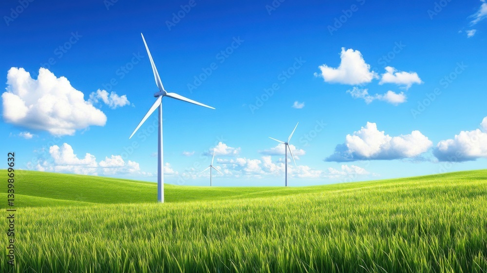 Serene Green Field with Wind Turbines under a Blue Sky Clean Energy Landscape Serene Green Field with Wind Turbines under a Blue Sky Clean Energy Landscape