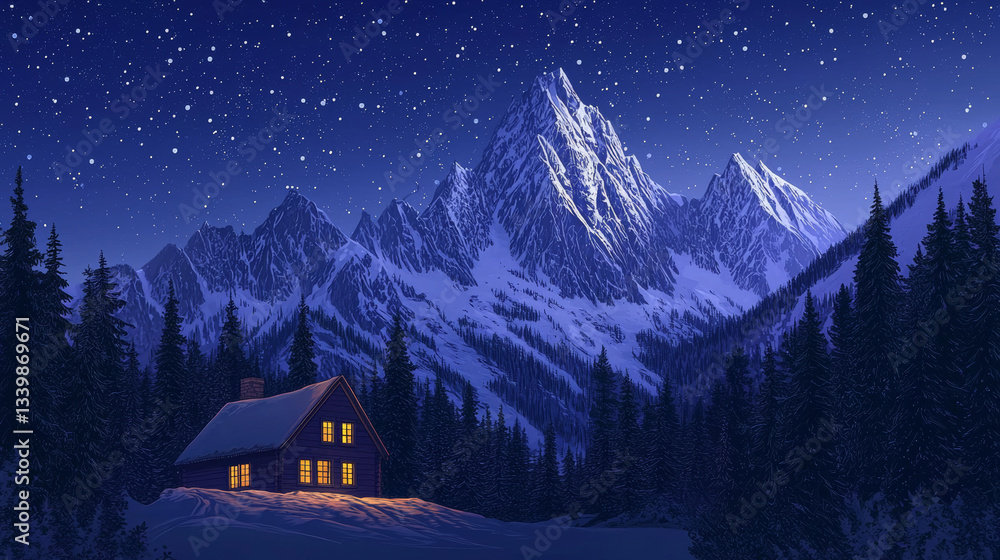 Fototapeta premium Serene winter night in cozy mountain cabin under starry sky. concept of tranquility, winter retreat, nature's beauty, and peaceful isolation