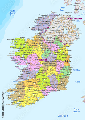 This detailed map of Ireland showcases its counties and major cities. The map is color-coded, with each county represented by a distinct color. The map includes major roads and highways.