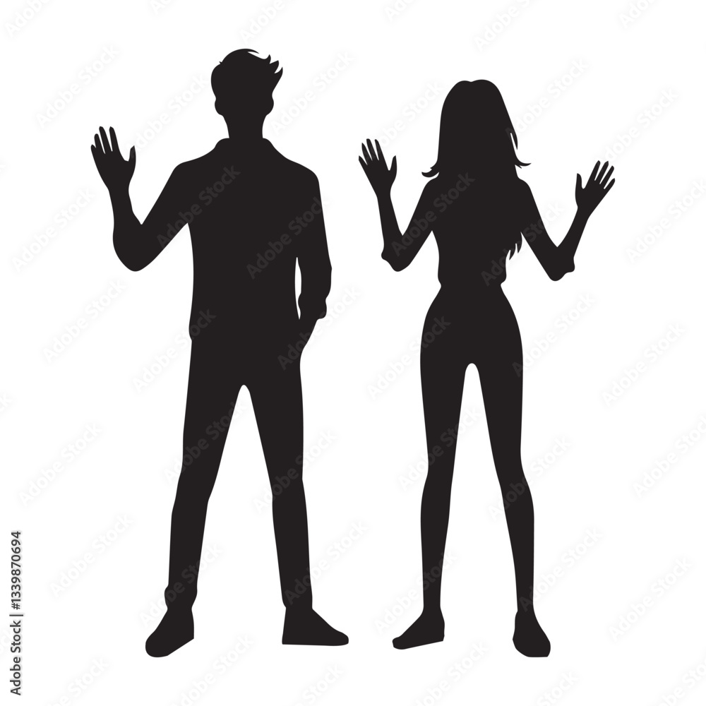 vector silhouette of young man standing saying hello, raising his hands, and jumping happily vector silhouette of young man standing saying hello, raising his hands, and jumping happily