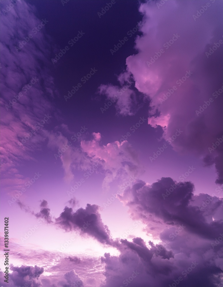 Obraz premium 藤色に包まれた空、夕暮れ時にふわっと漂う雲が幻想的な春の風景を描くテクスチャ 
