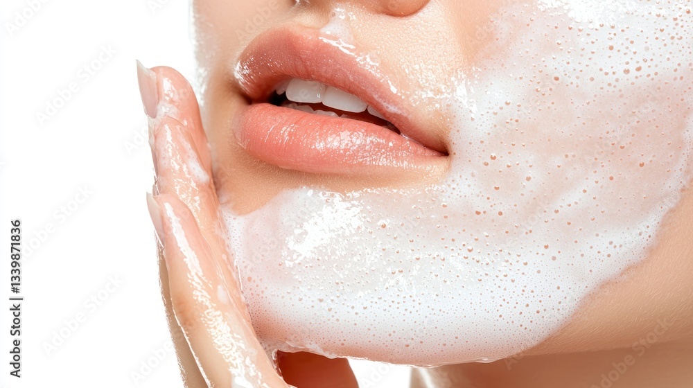 Fototapeta premium A person washing their face with foamy cleansing product
