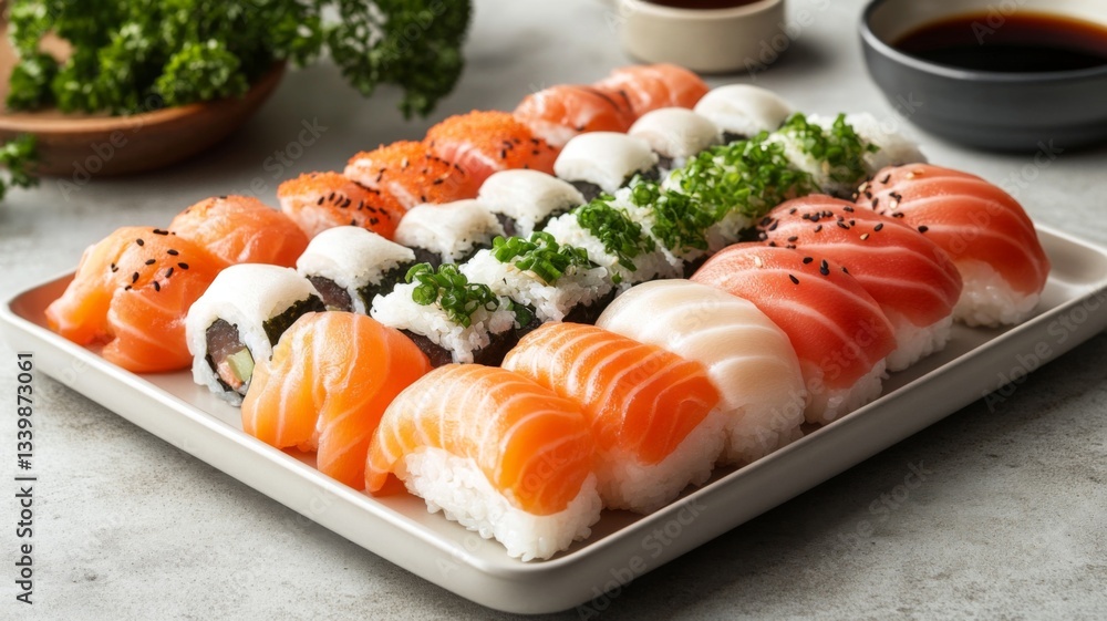Assorted Sushi Platter Featuring Salmon Tuna and Other Varieties Assorted Sushi Platter Featuring Salmon Tuna and Other Varieties