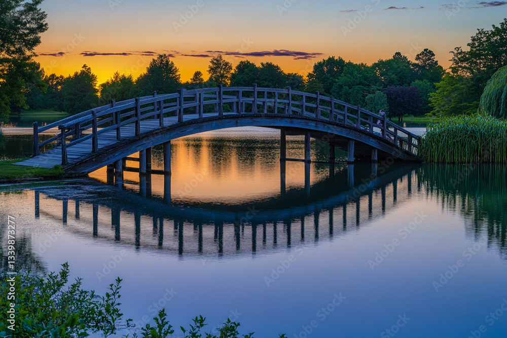 Obraz premium Colorful sunset reflects on a wooden bridge over still water in a tranquil park setting