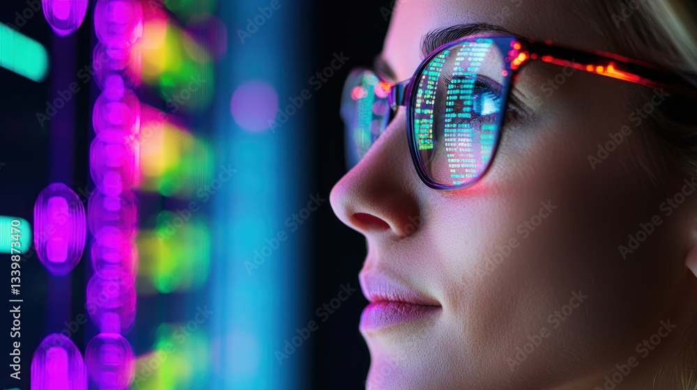 A woman views a digital screen with code reflected in glasses A woman views a digital screen with code reflected in glasses