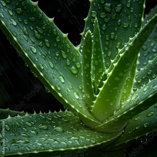 A hyper-realistic close-up of an Aloe vera plant under rainfall, with droplets actively splashing onto the thick, waxy leaves, 1:1
