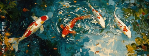 Koi fish swim in pond, autumn leaves fall, serene scene, nature art