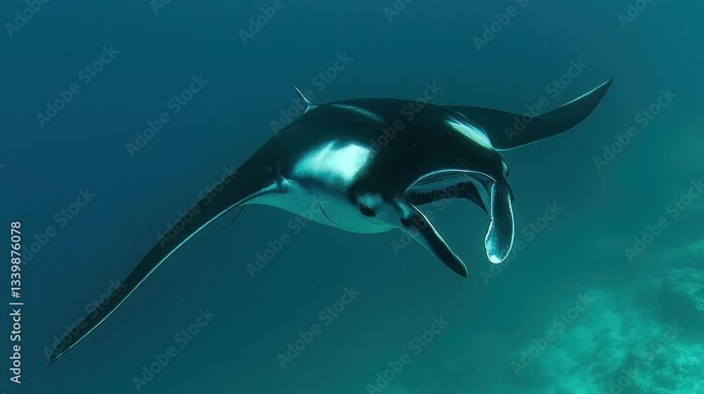 Obraz premium A large manta ray swims gracefully through deep ocean water