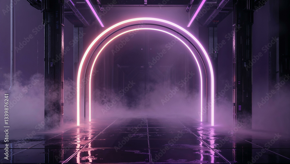 Fototapeta premium A futuristic cyberpunk scene with a glowing neon arch frame, emitting a gradient of soft lavender and rose gold light. The frame is suspended in a dark, atmospheric environment filled with fog and mis