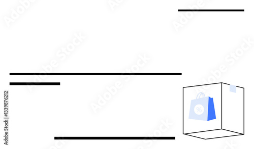 Shopping bag enclosed in a 3D transparent cube, surrounded by black lines. Ideal for ecommerce, retail, shopping innovation, delivery service, consumer trends, digital marketing, flat simple metaphor