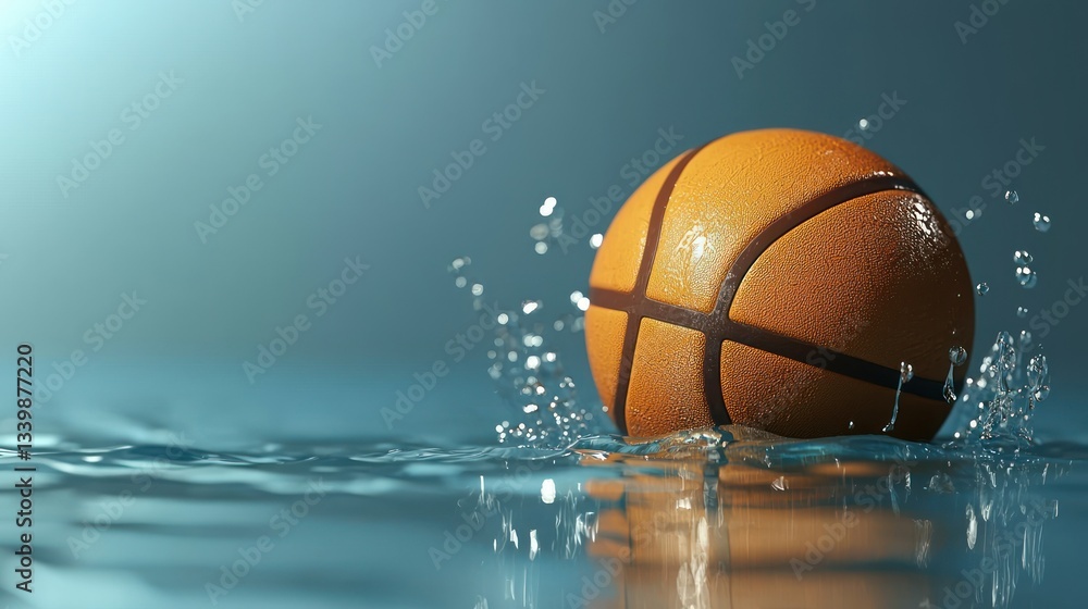 A basketball submerged in water creating splashes and reflections A basketball submerged in water creating splashes and reflections