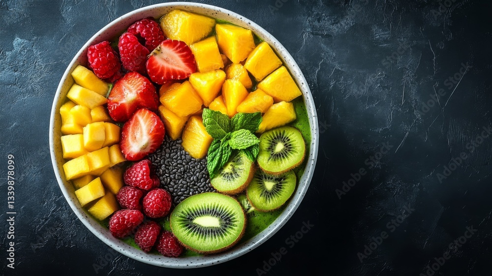 Vibrant Fruit Bowl with Mango Strawberries Kiwi and Seeds Vibrant Fruit Bowl with Mango Strawberries Kiwi and Seeds