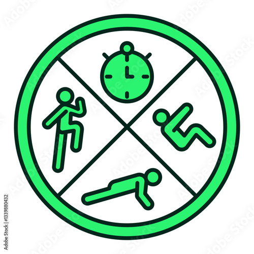 Circular icon with multiple exercise symbols representing HIIT workouts, high-intensity interval training, and fitness endurance, editable stroke