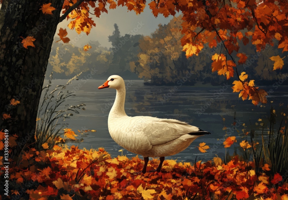 Obraz premium White goose in autumn leaves by water