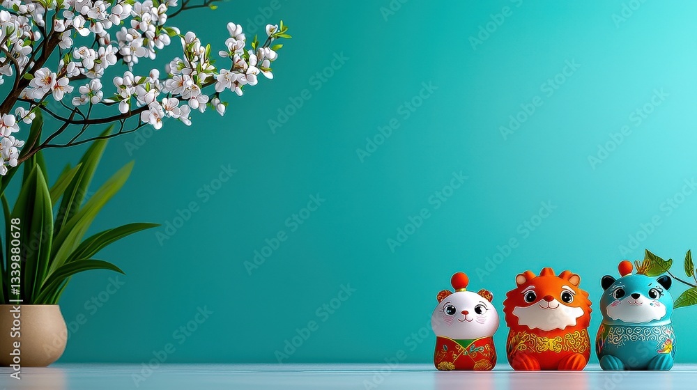 Fototapeta premium Decorative Vases with Fresh Flowers on Green Table Against Blue Wall