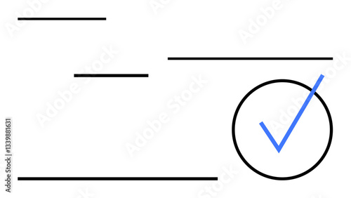 Blue checkmark enclosed in a black circle surrounded by horizontal black lines. Ideal for validation, success, approval, organization, tasks, achievement, simplicity. Clean flat simple metaphor