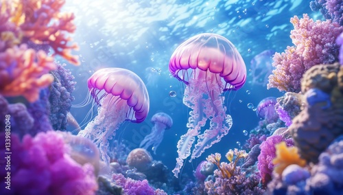 Pink jellyfish swim coral reef ocean background