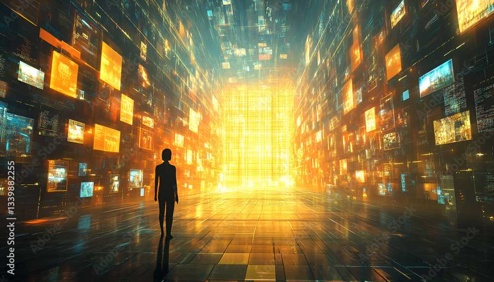 Man facing a wall of glowing images representing big data. Concept of data analysis, digital archive, streaming services, virtual reality, and Man facing a wall of glowing images representing big data. Concept of data analysis, digital archive, streaming services, virtual reality, and
