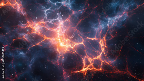 A dynamic visualization of cosmic strings forming a cosmic web during the early stages of the universe. Webbed Expansion. Illustration