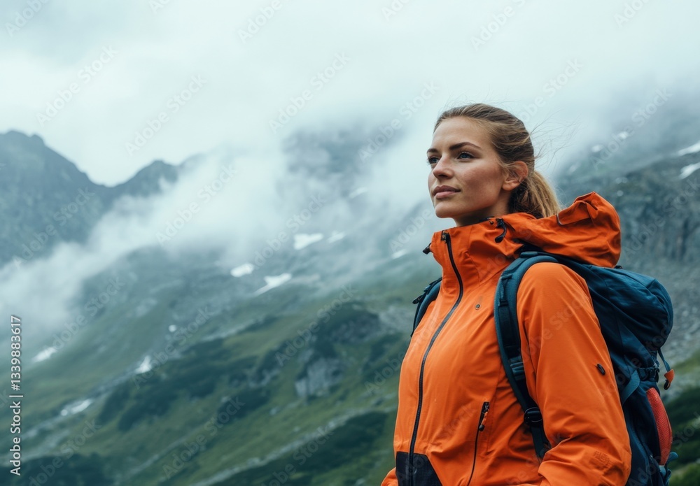 Naklejka premium Young Woman in Orange Hiking Jacket in Misty Mountains - Outdoor Adventure and Exploration for Activewear Marketing