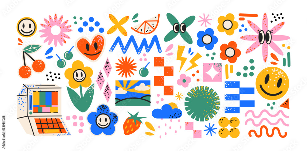 Fototapeta premium Retro hostalgia hippie stickers 90s. Cartoon memphis bright psychedelic elements, funky shapes, animals,fruits, vintage. Trendy doodle labels, patches, stamps