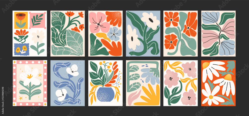 Fototapeta premium 90s groovy floral posters. Botanical elements, cartoon psychedelic style. Bright hippie abstract retro elements. Matisse style wall and wallpaper decor. Vector doodle banners collection 