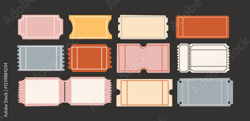 Coupons and tickets templates. Retro frames, blank vouchers in cartoon style. Ideal for discount, event, and gift card designs. Colorful doodle groovy hand-drawn vector set