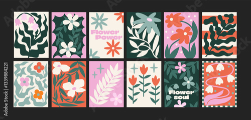 90s groovy floral posters. Botanical elements, cartoon psychedelic style. Bright hippie abstract retro elements. Matisse style wall and wallpaper decor. Vector doodle banners collection
