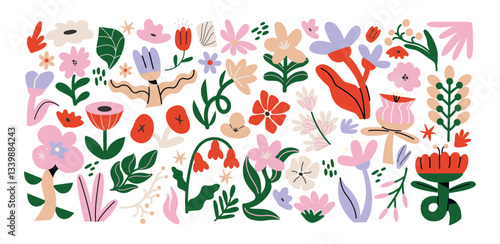 Botanical set of abstract flowers and plants. Organic floral doodles, leaves of different shapes. Trendy hippie funky shapes stickers 90s.