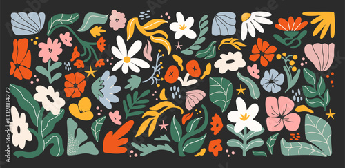 Botanical set of abstract flowers and plants. Organic floral doodles, leaves of different shapes. Trendy hippie funky shapes stickers 90s.