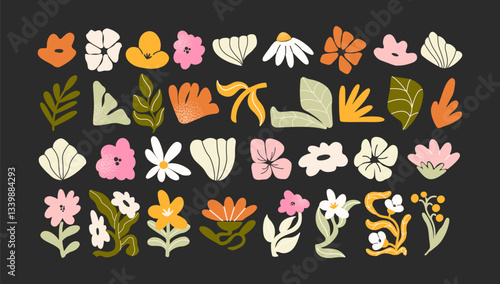 Botanical set of abstract flowers and plants. Organic floral doodles, leaves of different shapes. Trendy hippie funky shapes stickers 90s.