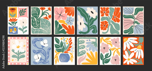 90s groovy floral posters. Botanical elements, cartoon psychedelic style. Bright hippie abstract retro elements. Matisse style wall and wallpaper decor. Vector doodle banners collection
