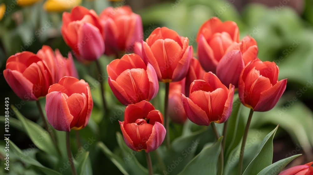 Obraz premium Radiant Red Tulips: A Vibrant Bloom in Spring's Embrace, a Delightful Floral Composition