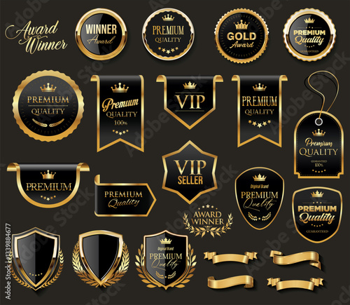 Golden luxury award labels and badges gold premium quality certificate ribbons vector illustration 001.eps