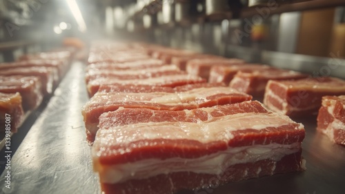 Rows Of Freshly Cut Bacon On A Conveyor Belt