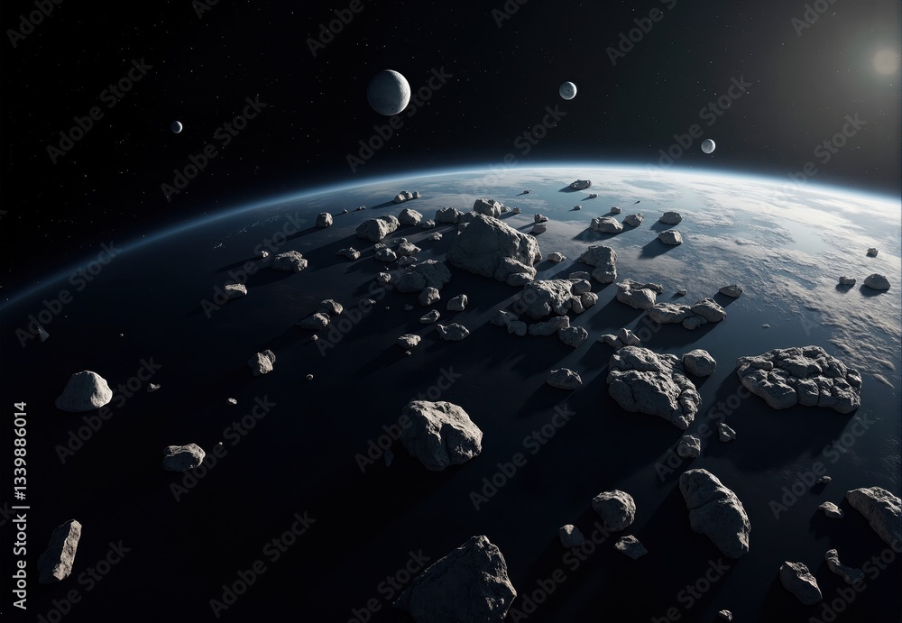 Naklejka premium Planetary Horizon with Asteroids and Moons