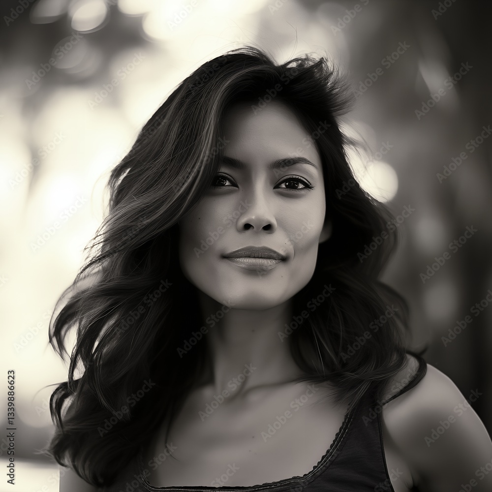 Naklejka premium A woman stands confidently in a tranquil outdoor environment, her long hair gently cascading down her shoulders as she enjoys the warm glow of the sun in the background