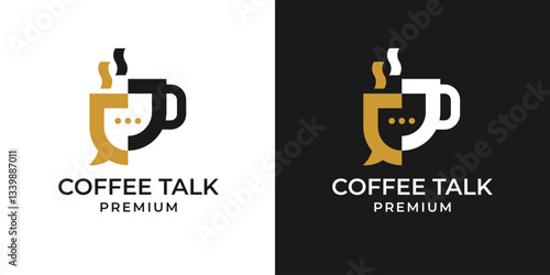 Cup Coffee Logo with Chat Talk Icon Design Illustration. Coffee Chat Talk Bubble Cup Cafe Logo Vector Icon Illustration. Drink Coffee Talk Chat Logo.