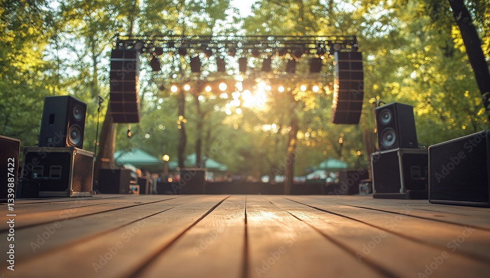 Outdoor Stage Setup: Wooden Deck, Speakers, Lights, and Lush Green Trees Backdrop for Summer Concert