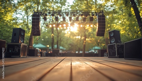 Obraz na płótnie Outdoor Stage Setup: Wooden Deck, Speakers, Lights, and Lush Green Trees Backdrop for Summer Concert w salonie