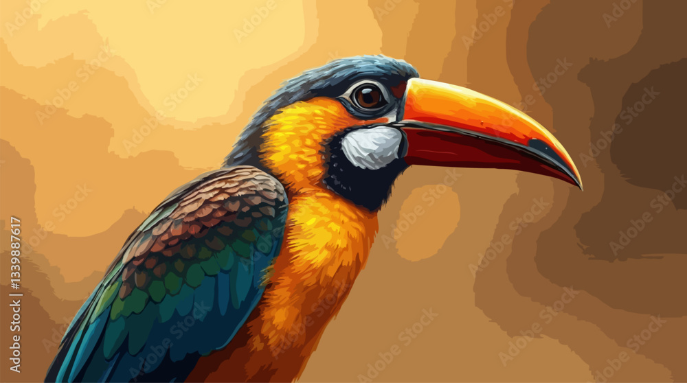 Obraz premium Exotic Bird Oil Painting Vector - Striking Toucan Portrait With Vibrant Orange-Blue Plumage Against Golden Background.