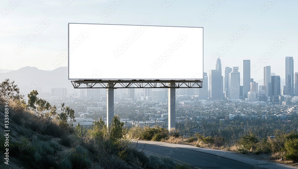 Fototapeta premium Blank Billboard Overlooking City Skyline: Advertising Space, Urban Views, Roadside Marketing, Massive Panel, High Visibility