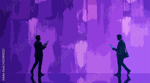 Vector of two businessmen silhouetted against a purple textured background, symbolically representing the disconnect in modern communication