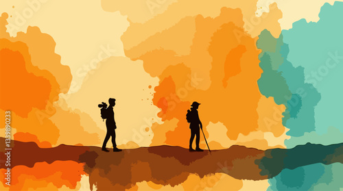 A watercolor vector painting depicting two solitary figures walking away from each other, symbolizing separation and diverging paths