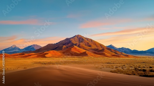 Fototapeta Naklejka Na Ścianę i Meble -  Serenity of Arid Desert Sunset Over Mountain Sand Dune Landscape