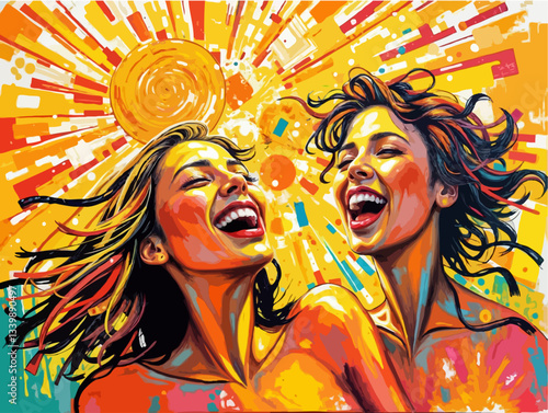 A vibrant vector painting of two women laughing radiantly, symbolizing uninhibited joy and exuberant happiness.