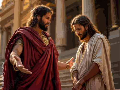 Gospel Vector from the Bible NT - Pontius Pilate asks Jesus if He is the King of the Jews