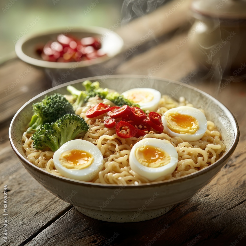Steaming noodle bowl, eggs, broccoli, chili, wood table, blurred background, food blog Steaming noodle bowl, eggs, broccoli, chili, wood table, blurred background, food blog